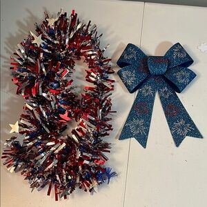 Festive Red, White, and Blue Tinsel Garland with Bow